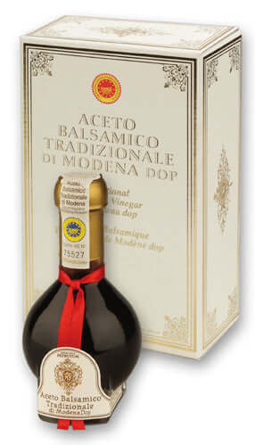 "Bottle of Aceto Balsamico Tradizionale di Modena DOP 12 Anni with rich, dark texture"